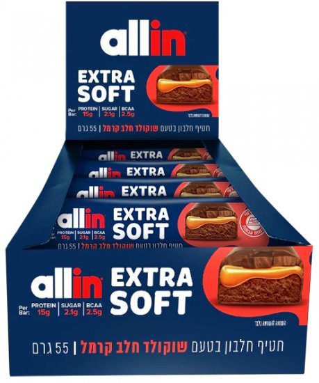 מארז 18 חטיפי חלבון שוקולד חלב קרמל אקסטרה סופט אלין – 55 גרם