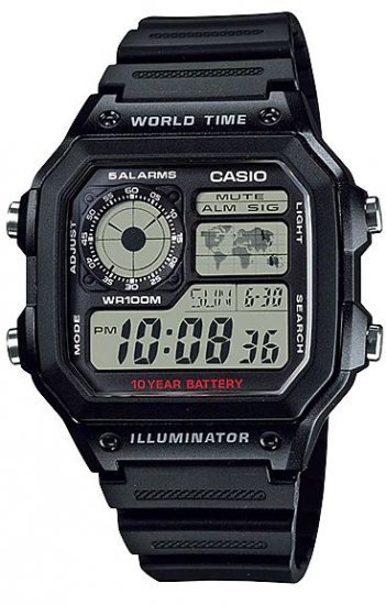 שעון יד דיגיטלי לגברים עם רצועת סיליקון שחורה Casio  AE-1200WH-1AVCF - צבע שחור