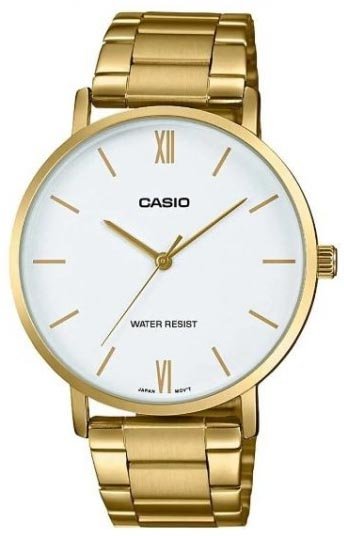 שעון יד אנלוגי לגברים עם רצועת Stainless Steel מוזהבת Casio MTP-VT01G-7BUDF - צבע לבן