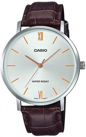שעון יד אנלוגי לגברים עם רצועת עור חומה Casio MTP-VT01L-7B2UDF - צבע כסוף