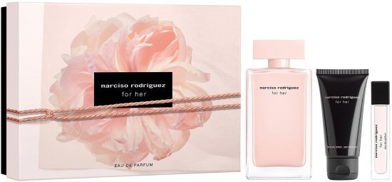 מארז בושם לאישה 100 מ''ל Narciso Rodriguez For Her או דה פרפיום E.D.P + בושם 10 מ''ל + קרם גוף 50 מ''ל