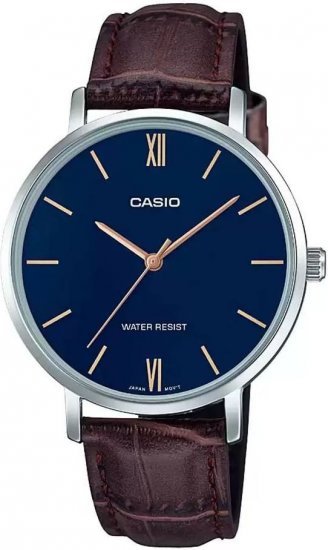 שעון יד אנלוגי לנשים עם רצועת עור חומה Casio LTP-VT01L-2BUDF - צבע כחול