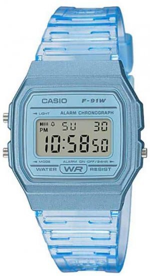 שעון יד דיגיטלי קלאסי עם רצועת שרף שקופה Casio F-91WS-2DF - צבע תכלת