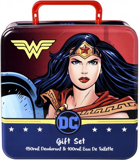 מארז בושם לילדים 100 מ''ל בקופסת פח DC Wonder Woman או דה טואלט E.D.T + דאודורנט 150 מ''ל