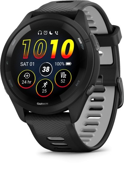 שעון ריצה חכם Garmin Forerunner 265 Music GPS 46mm - צבע שחור עם רצועת סיליקון בצבעי שחור / Powder Gray - כולל תמיכה מלאה בעברית - שנתיים אחריות יבואן רשמי על ידי רונלייט