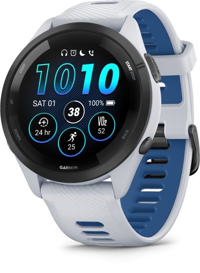 שעון ריצה חכם Garmin Forerunner 265 Music GPS 46mm - צבע שחור עם קייס בצבע Whitestone ורצועת סיליקון בצבעי Whitestone / Tidal Blue - כולל תמיכה מלאה בעברית - שנתיים אחריות יבואן רשמי על ידי רונלייט