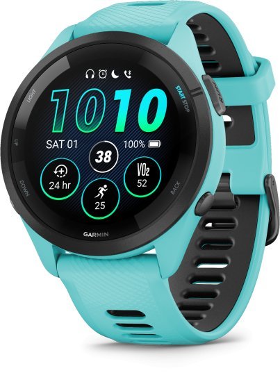 שעון ריצה חכם Garmin Forerunner 265 Music GPS 46mm - צבע שחור עם קייס בצבע Aqua ורצועת סיליקון בצבעי Aqua / שחור - כולל תמיכה מלאה בעברית - שנתיים אחריות יבואן רשמי על ידי רונלייט