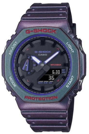 שעון יד דיגיטלי ואנלוגי לגברים עם רצועת שרף Casio G-Shock GA-2100AH-6ADR - צבע סגול / שחור