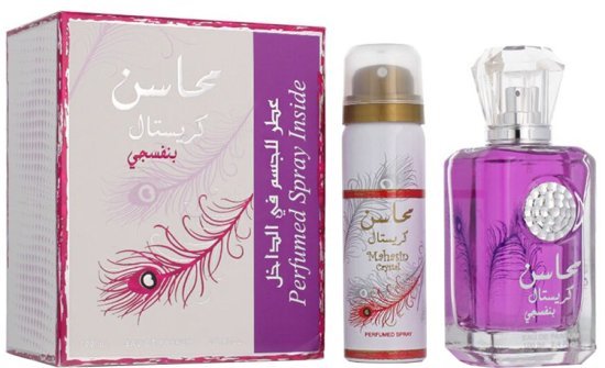 מארז בושם לאישה 100 מ''ל Lattafa Mahasin Crystal Violet או דה פרפיום E.D.P + דאודורנט ספריי 75 מ''ל