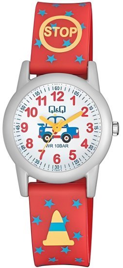 שעון יד אנלוגי לילדים עם רצועת שרף אדומה Q&Q VR99J020Y - צבע כסוף ולבן עם איור מכונית