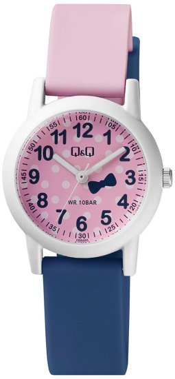 שעון יד אנלוגי לילדים עם רצועת שרף דו-גווני Q&Q VS49J005Y - צבע ורוד וכחול עם איור עניבה