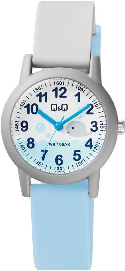 שעון יד אנלוגי לילדים עם רצועת שרף דו-גווני Q&Q VS49J006Y - צבע אפור ותכלת עם איור לוויתן