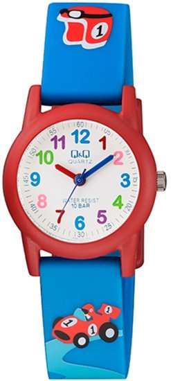 שעון יד אנלוגי לילדים עם רצועת שרף Q&Q VR99J004Y - צבע כחול ואדום עם איור מכונית מירוץ