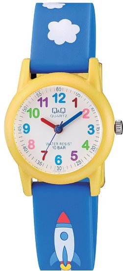 שעון יד אנלוגי לילדים עם רצועת שרף Q&Q VR99J003Y - צבע כחול וצהוב עם איור חללית