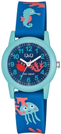 שעון יד אנלוגי לילדים עם רצועת שרף Q&Q VR99J017Y - צבע תכלת וכחול עם איור בעלי חיים ימיים