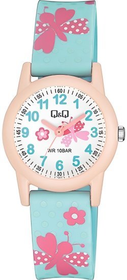 שעון יד אנלוגי לילדים עם רצועת שרף Q&Q VR99J015Y - צבע טורקיז אפרסק עם איור פרפרים ופרחים