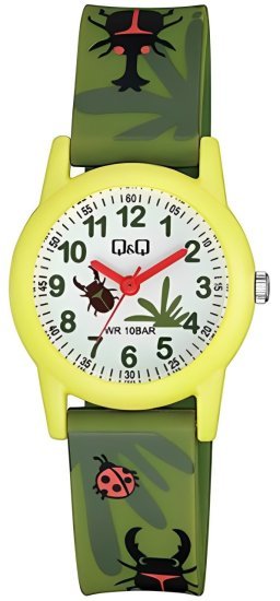 שעון יד אנלוגי לילדים עם רצועת שרף Q&Q VR99J016Y - צבע ירוק וצהוב עם איורי טבע