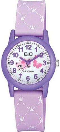 שעון יד אנלוגי לילדים עם רצועת שרף Q&Q VR99J014Y - צבע סגול עם איור חתולה