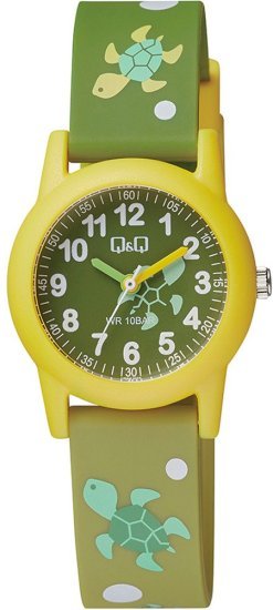 שעון יד אנלוגי לילדים עם רצועת שרף Q&Q VR99J008Y - צבע ירוק וצהוב עם איור צבים
