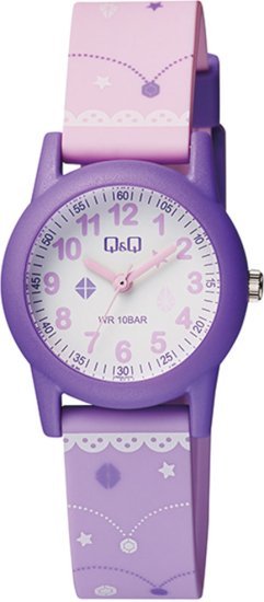 שעון יד אנלוגי לילדים עם רצועת שרף Q&Q VR99J006Y - צבע סגול וורוד עם איור תכשיטים