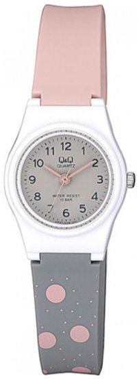 שעון יד אנלוגי לילדים עם רצועת שרף Q&Q VP47J038Y - צבע אפור, ורוד ולבן