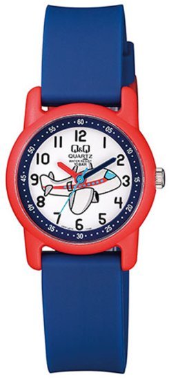 שעון יד אנלוגי לילדים עם רצועת שרף Q&Q VR41J010Y - צבע כחול ואדום עם איור מטוס