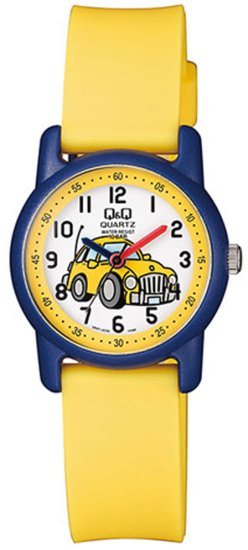 שעון יד אנלוגי לילדים עם רצועת שרף Q&Q VR41J009Y - צבע צהוב עם איור מכונית