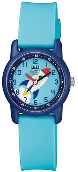 שעון יד אנלוגי לילדים עם רצועת שרף Q&Q VR41J008Y - צבע תכלת וכחול עם איור חללית