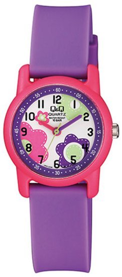 שעון יד אנלוגי לילדים עם רצועת שרף Q&Q VR41J006Y - צבע סגול וורוד עם איור פרחים