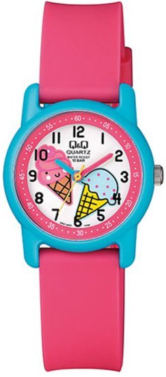 שעון יד אנלוגי לילדים עם רצועת שרף Q&Q VR41J007Y - צבע ורוד ותכלת עם איור גלידה