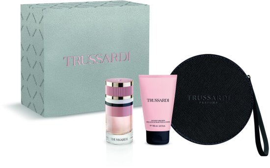 מארז בושם לאישה 90 מ''ל Trussardi Feminine או דה פרפיום E.D.P + תחליב גוף 100 מ''ל + תיק איפור