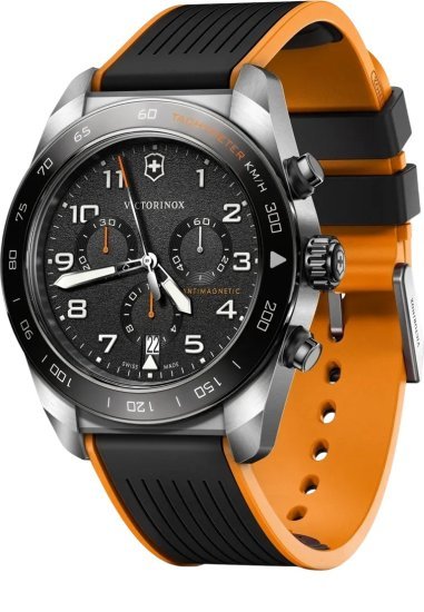 שעון יד אנלוגי לגברים קוטר 42 מ''מ עם רצועת גומי שחורה / כתומה ולוח שחור דגם Victorinox Swiss Army Chronograph