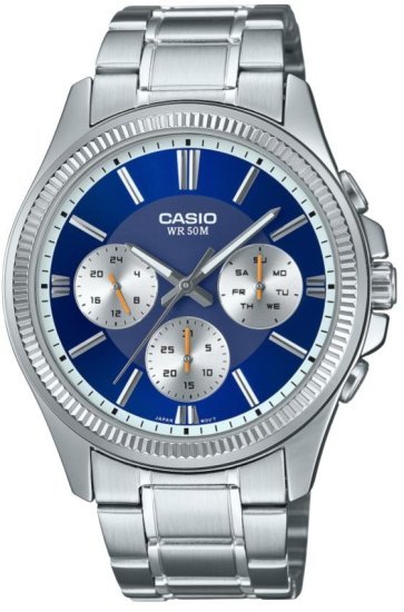 שעון יד אנלוגי לגברים עם רצועת Stainless Steel כסופה Casio Enticer MTP-1375D-2A1VDF - צבע כחול