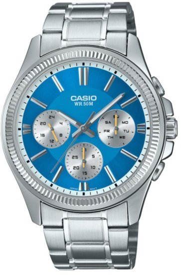 שעון יד אנלוגי לגברים עם רצועת Stainless Steel כסופה Casio Enticer MTP-1375D-2A2VDF - צבע תכלת