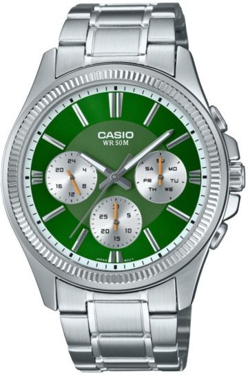 שעון יד אנלוגי לגברים עם רצועת Stainless Steel כסופה Casio Enticer MTP-1375D-3AVDF - צבע ירוק