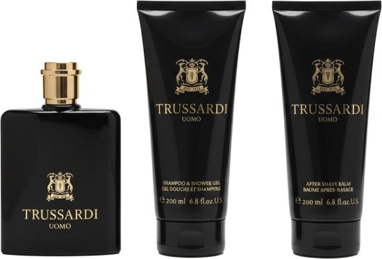 מארז בושם לגבר 100 מ''ל Trussardi Uomo או דה טואלט E.D.T + ג'ל רחצה 200 מ''ל +  אפטר שייב 200 מ''ל