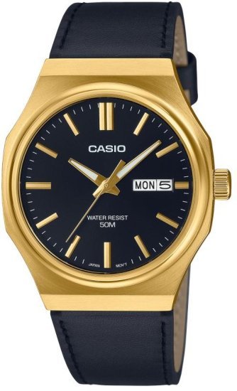 שעון יד אנלוגי לגברים עם רצועת עור שחורה MTP-E735GL-1AVDF מבית Casio - צבע זהב