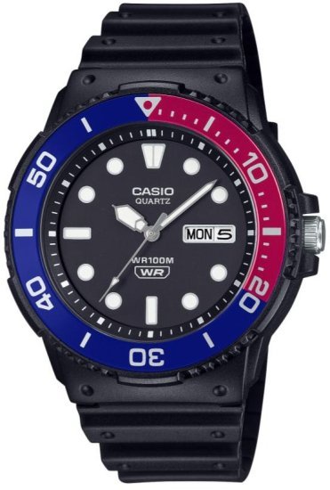 שעון יד אנלוגי לגברים עם רצועת סיליקון שחורה Casio MRW-230H-1E2VDF - צבע כחול / אדום