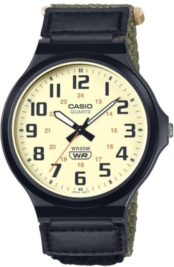 שעון יד אנלוגי לגברים עם רצועת בד ירוקה Casio MW-240B-3BVDF - צבע קרם