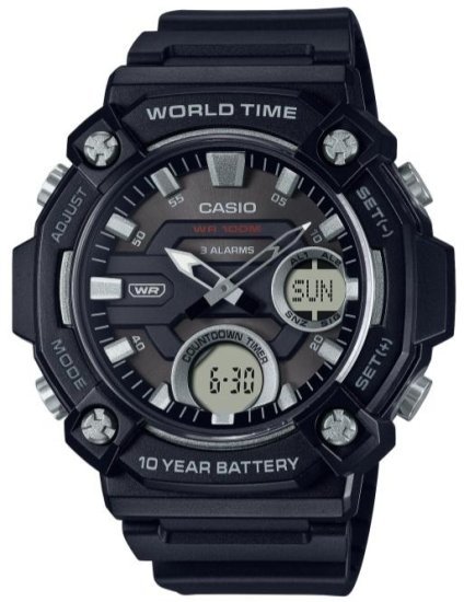 שעון יד אנלוגי-דיגיטלי משולב לגברים רצועה שרף שחורה Casio AEQ-120W-1AVDF - צבע שחור