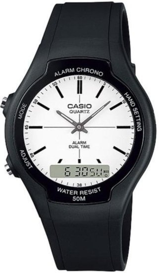 שעון יד אנלוגי-דיגיטלי משולב יוניסקס עם רצועת שרף שחורה Casio AW-90H-7EVDF - צבע לבן