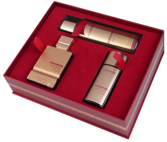 מארז בושם יוניסקס 75 מ''ל Al Haramain Amber Oud Ruby Edition או דה פרפיום E.D.P + בושם 30 מ''ל + מבשם גוף 250 מ''ל