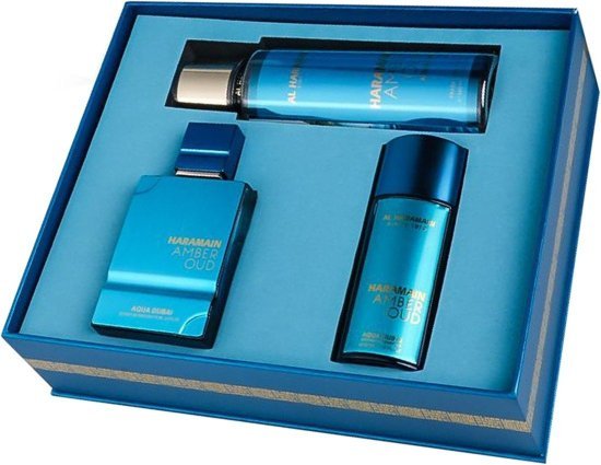 מארז בושם יוניסקס 75 מ''ל Al Haramain Amber Oud Aqua Dubai אקסטרייט דה פרפיום + בושם 30 מ''ל + מבשם גוף 250 מ''ל