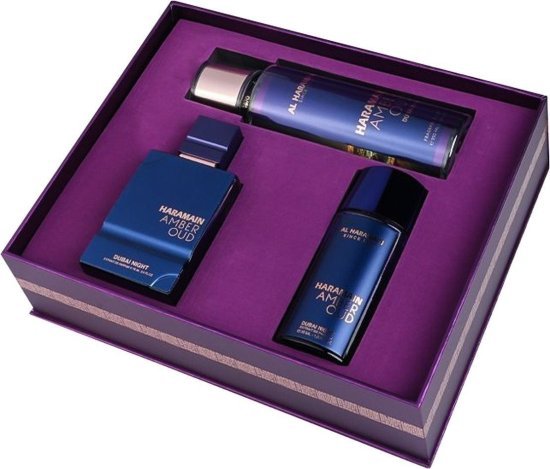 מארז בושם יוניסקס 75 מ''ל Al Haramain Amber Oud Dubai Night אקסטרייט דה פרפיום + בושם 30 מ''ל + מבשם גוף 250 מ''ל