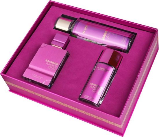 מארז בושם יוניסקס 75 מ''ל Al Haramain Amber Oud Ultra Violet אקסטרייט דה פרפיום + בושם 30 מ''ל + מבשם גוף 250 מ''ל