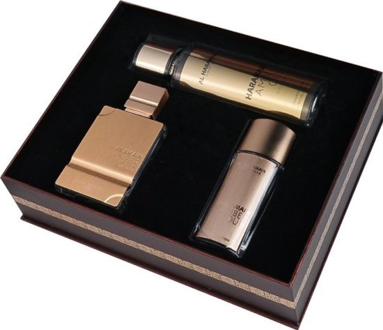 מארז בושם יוניסקס 75 מ''ל Al Haramain Amber Oud Gold Edition אקסטרייט דה פרפיום + בושם 30 מ''ל + מבשם גוף 250 מ''ל