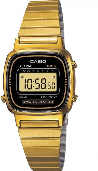 שעון יד דיגיטלי וינטג' עם רצועת Stainless Steel מוזהבת Casio LA670WGA-1DF - צבע שחור