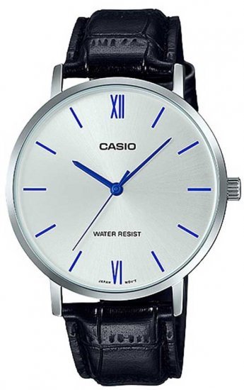 שעון יד אנלוגי לגברים עם רצועת עור שחורה Casio MTP-VT01L-7B1UDF - צבע כסוף